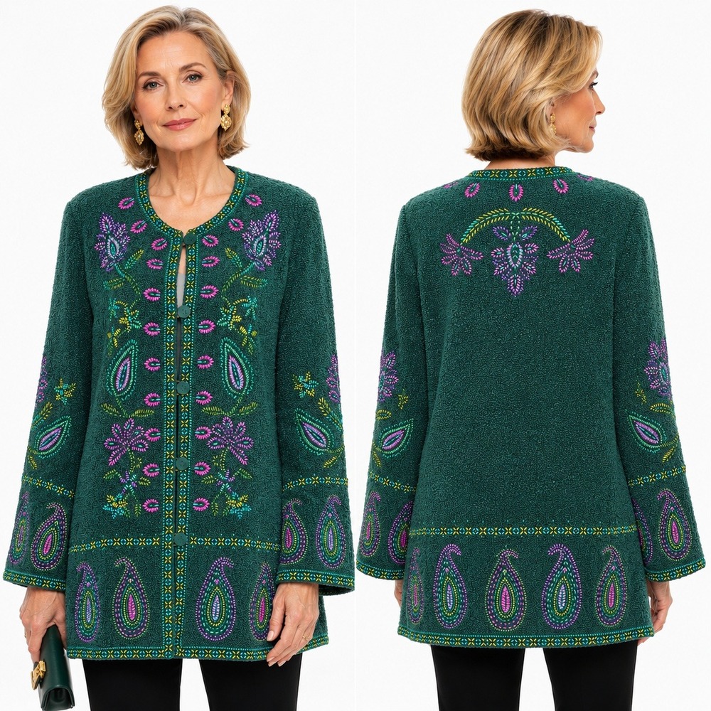 Linea Louis Dell'Olio Cardigan Jacket XL Green Paisley Embroidered Art to Wear